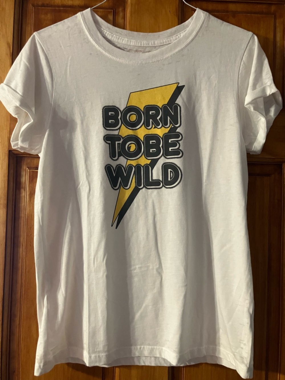 Recycled Karma White Tee with Yellow Lightning 'Born To Be Wild'
